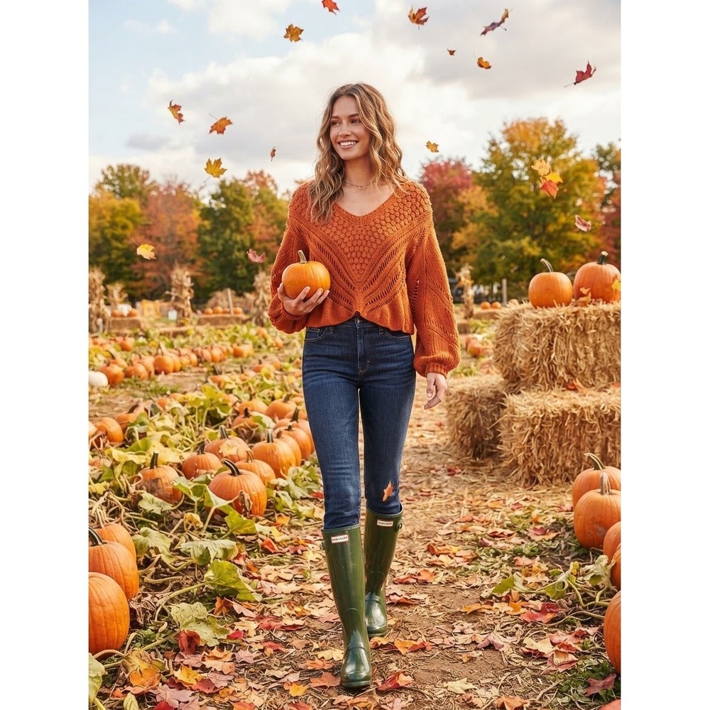 Free People Orange Wool Alpaca Pointelle V-Neck Cropped Sweater XS Cozy